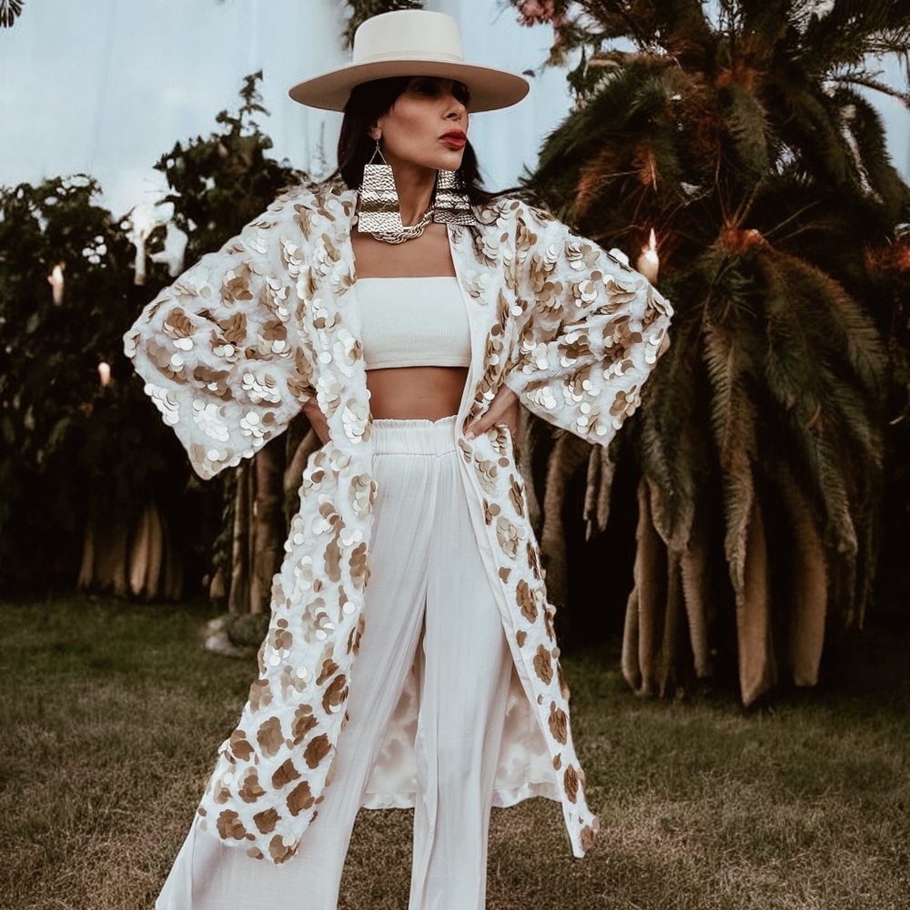 Matte Gold Tassel Sequin Maxi Kimono, Gold Jacket, Festival Kimono